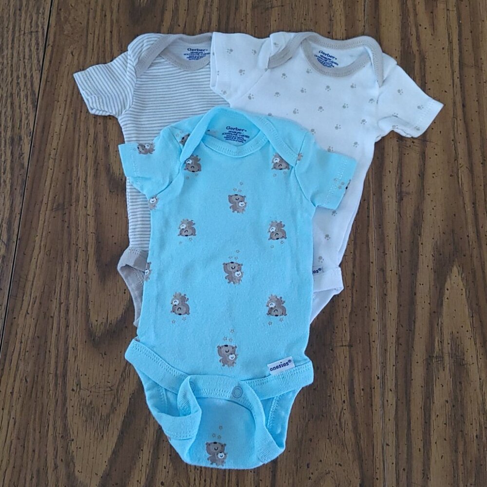 Gerber Baby Boy Newborn 3pc Onesies Set Bear Print Short Sleeve NB